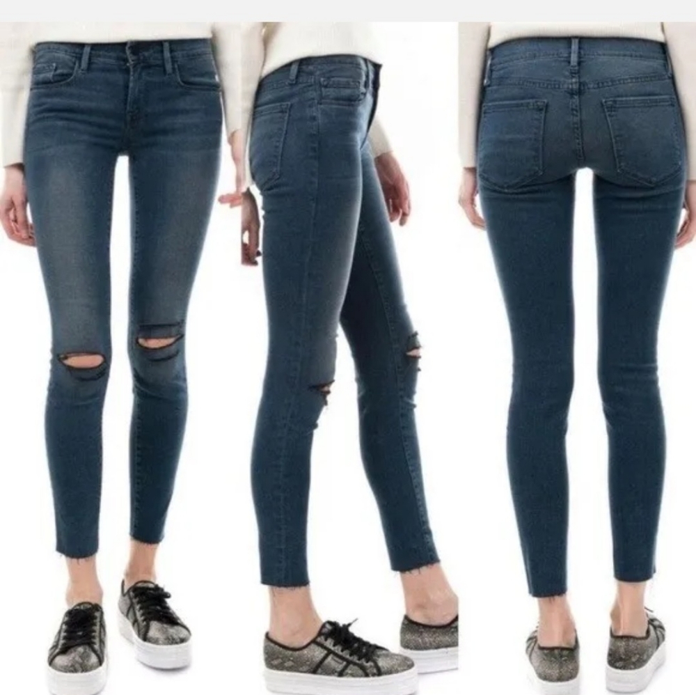 FRAME Le Skinny de Jeanne with Raw Hem in Gifford Blue Jeans Size 25 - Picture 2 of 13